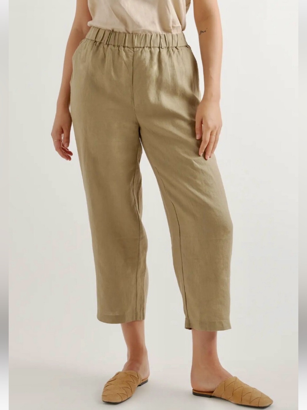 Quince 100% Organic Linen Pants Elastic Waist pull on barrel leg Pockets S
